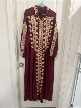 Embroidered Long-Sleeve Maxi Dress in Burgundy with Gold Trim